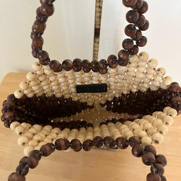 Aqua Mini Beaded Wood Tote Bag- Brown/ Natural - Picture 3 of 5